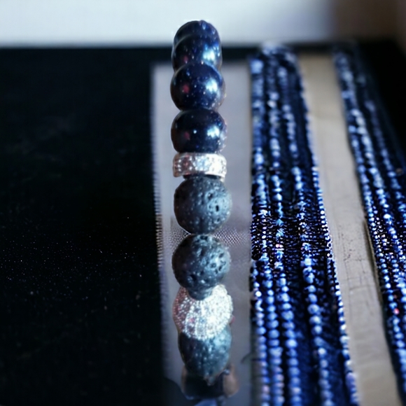 Sparkling Black Goldstone & Lava Rock Handmade Bracelet with Silver Accents. - Picture 1 of 10